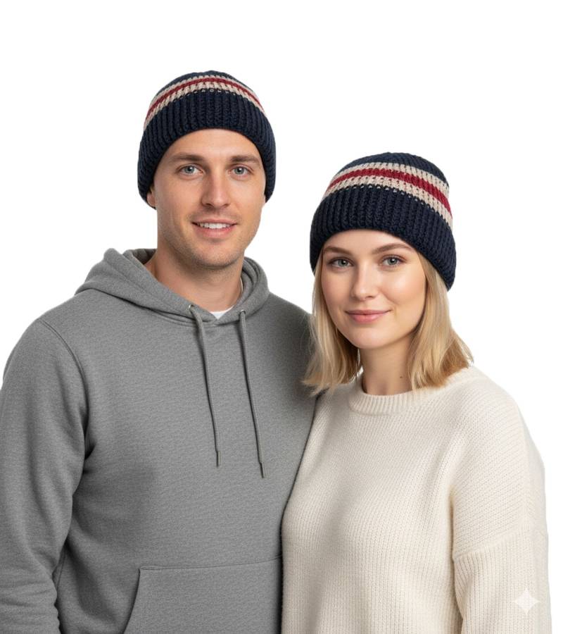 Stylische Häkel-Mütze Winter-Mütze weiche Strick-Mütze mit Streifen Baumwoll-Mütze 7314GUY Navy/Weiß/Rot von Bio-Domes Headgear