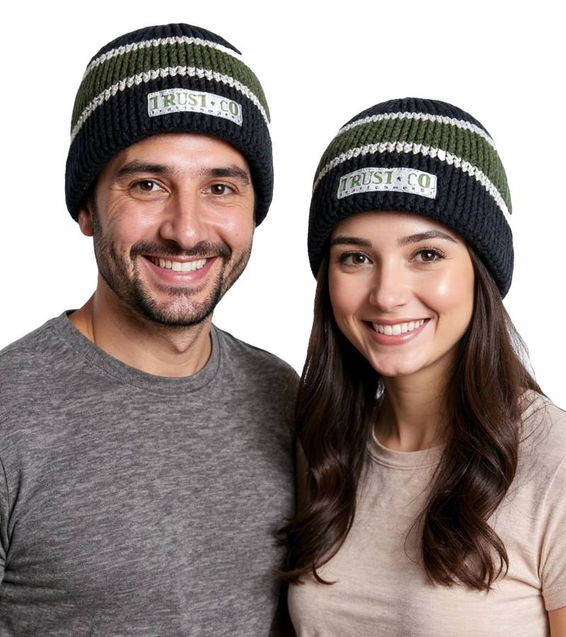 Trust Co Unisex Häkel-Mütze Winter-Mütze weiche Strick-Mütze mit Streifen Baumwoll-Mütze 1551TRT Navy/Weiß/Grün von Bio-Domes Headgear