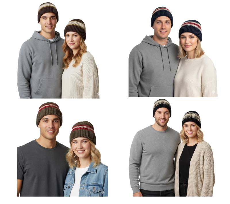 Trust Co Unisex Häkel-Mütze Winter-Mütze weiche Strick-Mütze mit Streifen Baumwoll-Mütze Navy/Weiß, Braun/Weiß, Khaki/Weiß oder Navy/Rot von Bio-Domes Headgear
