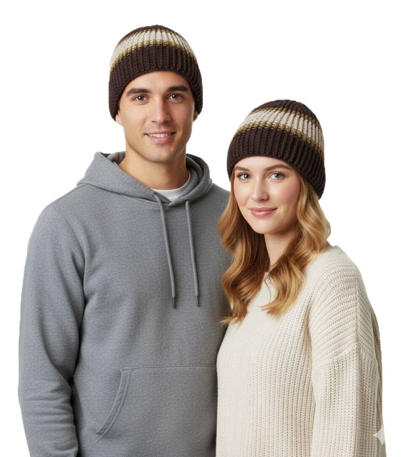 kuschelige Häkel-Mütze Winter-Mütze weiche Strick-Mütze mit Streifen Baumwoll-Mütze 7315GUY Braun/Weiß/Grün von Bio-Domes Headgear