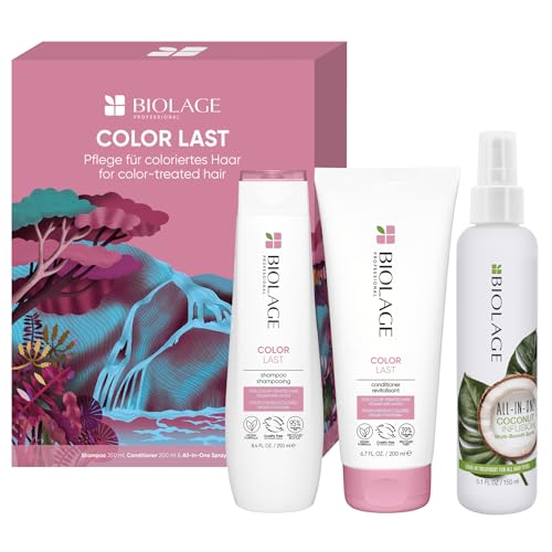 Biolage Pflegeset mit Shampoo, Conditioner und Leave In Spray für gefärbtes oder getöntes Haar, Für Erhalt und Glanz der Farbe, Mit Orchideen-Extrakt, Color Last Shampoo und Spülung, All-In-One Spray von Biolage