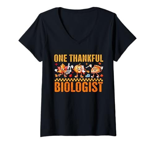 Damen One Thankful Biologe Thanksgiving Herbst Leaves Kürbiskuchen T-Shirt mit V-Ausschnitt Damen One Thankful Biologe Thanksgiving Herbst Leaves Kürbiskuchen T-Shirt mit V-Ausschnitt von Biologist Thanksgiving Costume