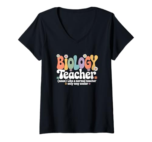 Damen Retro Groovy Biologielehrer Biowissenschaften Zurück zur Schule T-Shirt mit V-Ausschnitt von Biology Teacher Apparel for Women & Men