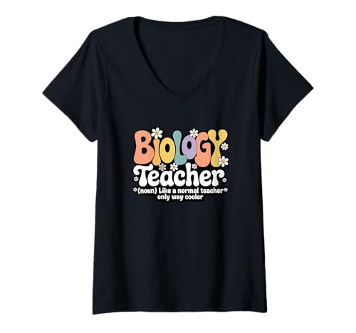 Damen Retro Groovy Biologielehrer Science STEM Zurück zur Schule T-Shirt mit V-Ausschnitt von Biology Teacher Apparel for Women & Men