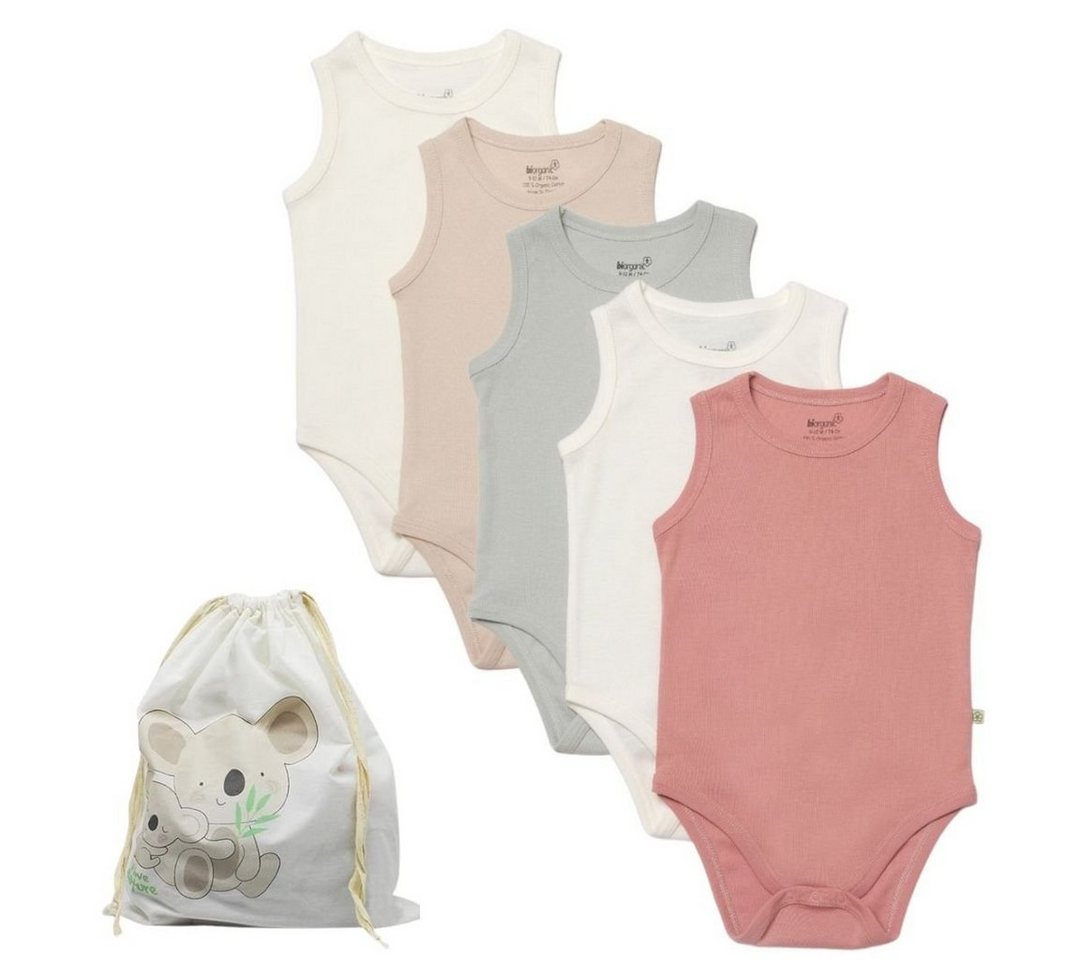 biorganic T-Shirt-Body (5er Pack) für Jungen und Mädchen, Unisex, Mehrfarbig Baby Body (Set, 6-tlg., 5er-Pack Bodys & 1 Beutel) Unterhemden 100% Bio-Baumwolle GOTS-zert. mit praktischen Druckknöpfen von biorganic