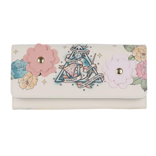 Bioworld Harry Potter Heiligtümer des Todes Floral Tattoo Premium Geldbörse, Cremefarben, Damen Brieftasche mit 3D-Blumenverzierung und Polyurethan-Lining von Bioworld