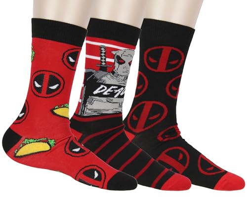 Bioworld Marvel Deadpool The Degenerate Herren-Socken, wadenhoch, Größe 42-47, 3er-Pack, Mehrfarbig, Einheitsgr��e von Bioworld