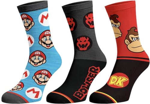 Bioworld Nintendo Super Mario Herren Bowser Donkey Kong Mario 3-Pack Mid-Calf Adult Crew Socken, Mehrfarbig, Einheitsgr��e von Bioworld