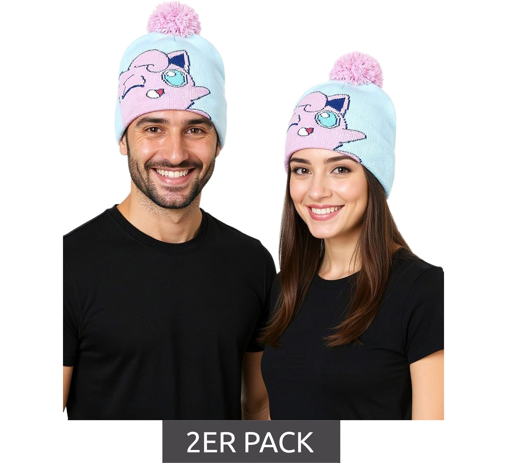 2er Sparpack POKEMON Beanie mit Bommel im Pummeluff Design Gaming-Mütze Strick-Beanie Fan-Artikel KC160211POK Blau/Rosa von BioworldMerch