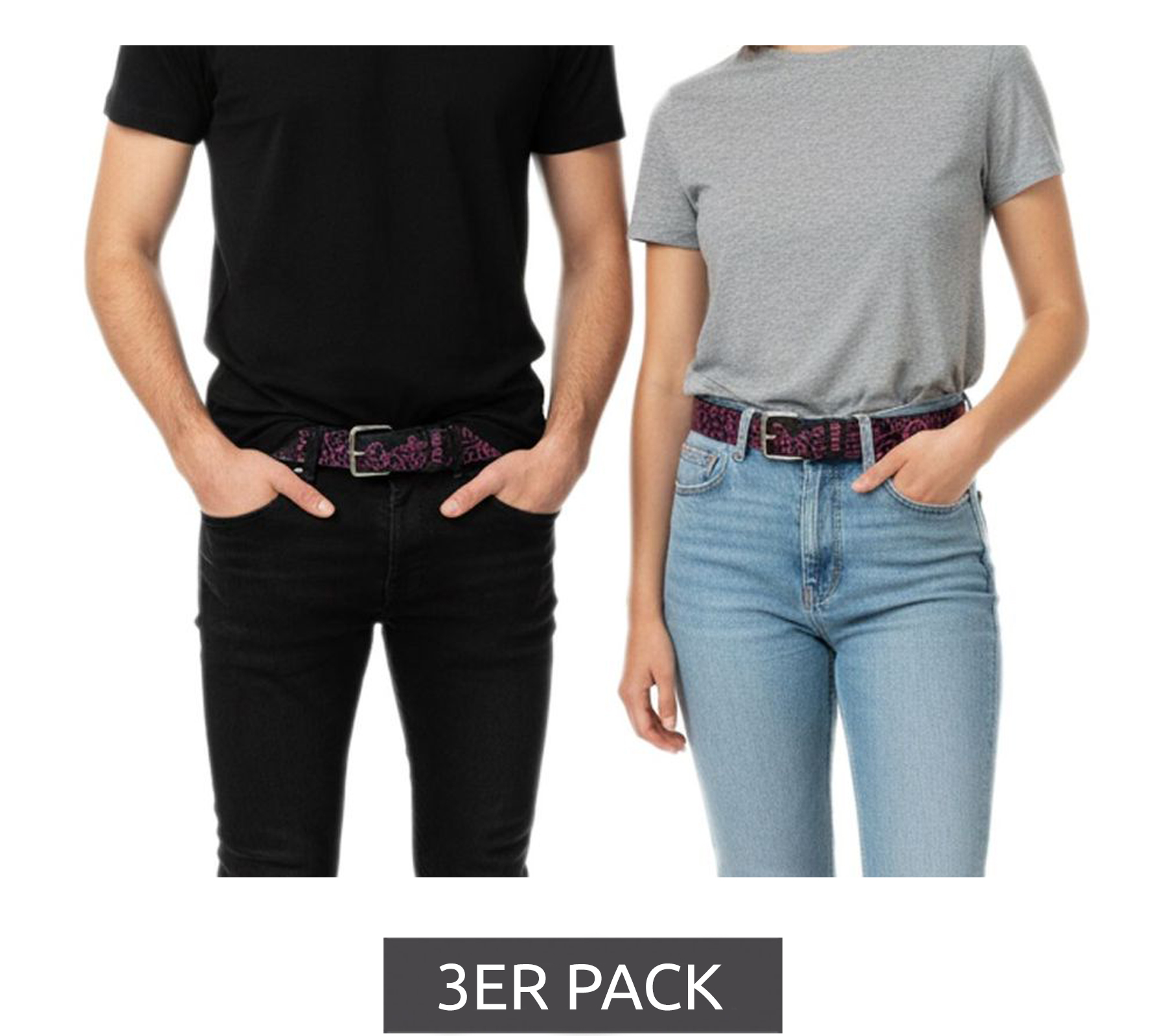 3er Pack HIM Gürtel Echtleder-Gürtel mit Band-Schriftzug stylischer Freizeit-Gürtel Länge 110cm Sparpack Schwarz/Lila von BioworldMerch
