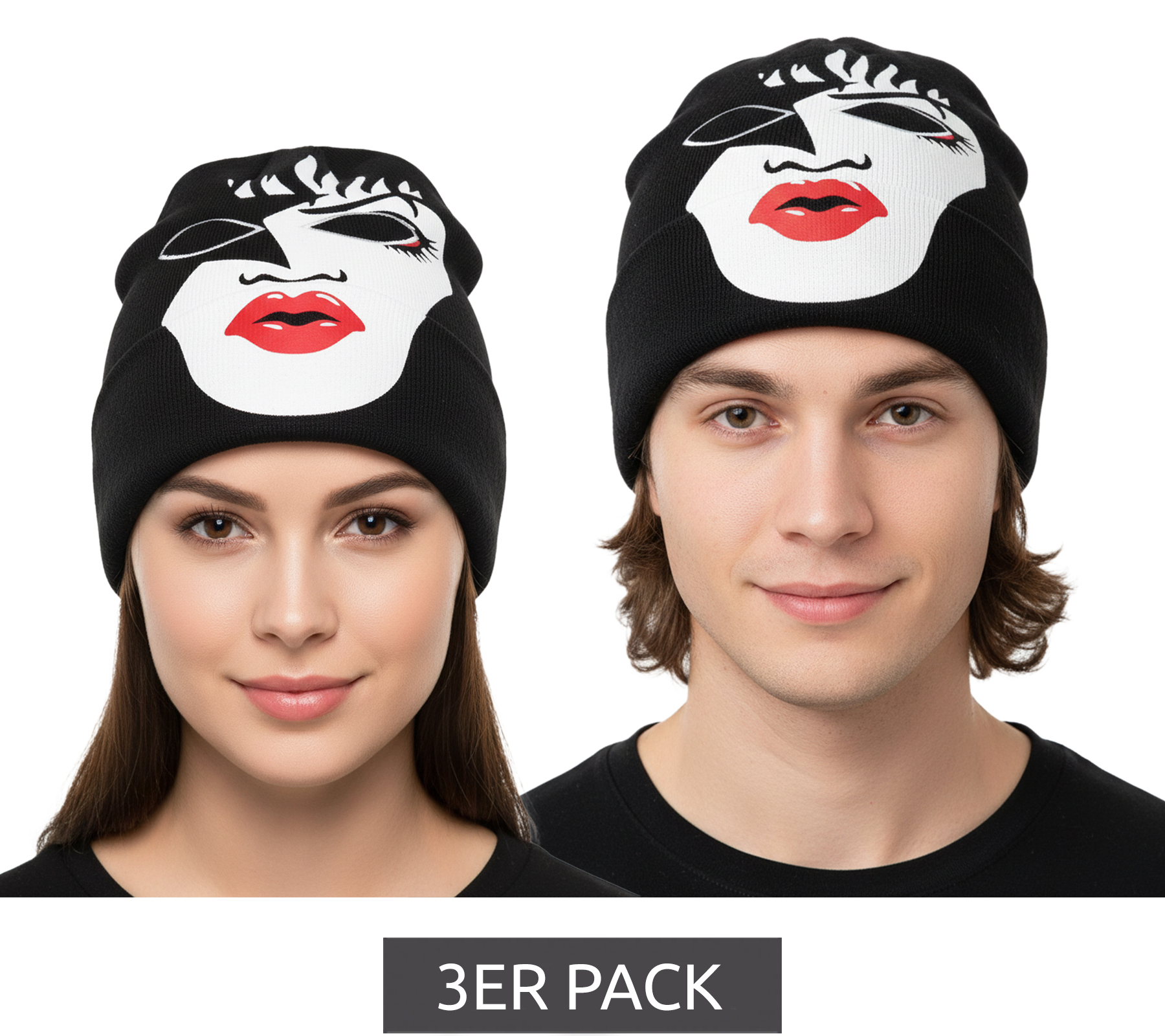 3er Pack KISS Beanie mit großem Front-Print auch als Sturmmaske nutzbar Strick-Mütze Fan-Beanie mit Logo im Nacken Sparpack SK162060KIS Schwarz von BioworldMerch
