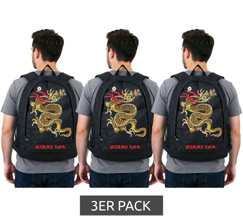3er Pack Miami Ink Orientalischer Drachentattoo-Rucksack Tages-Rucksack Sparpack Schwarz von BioworldMerch