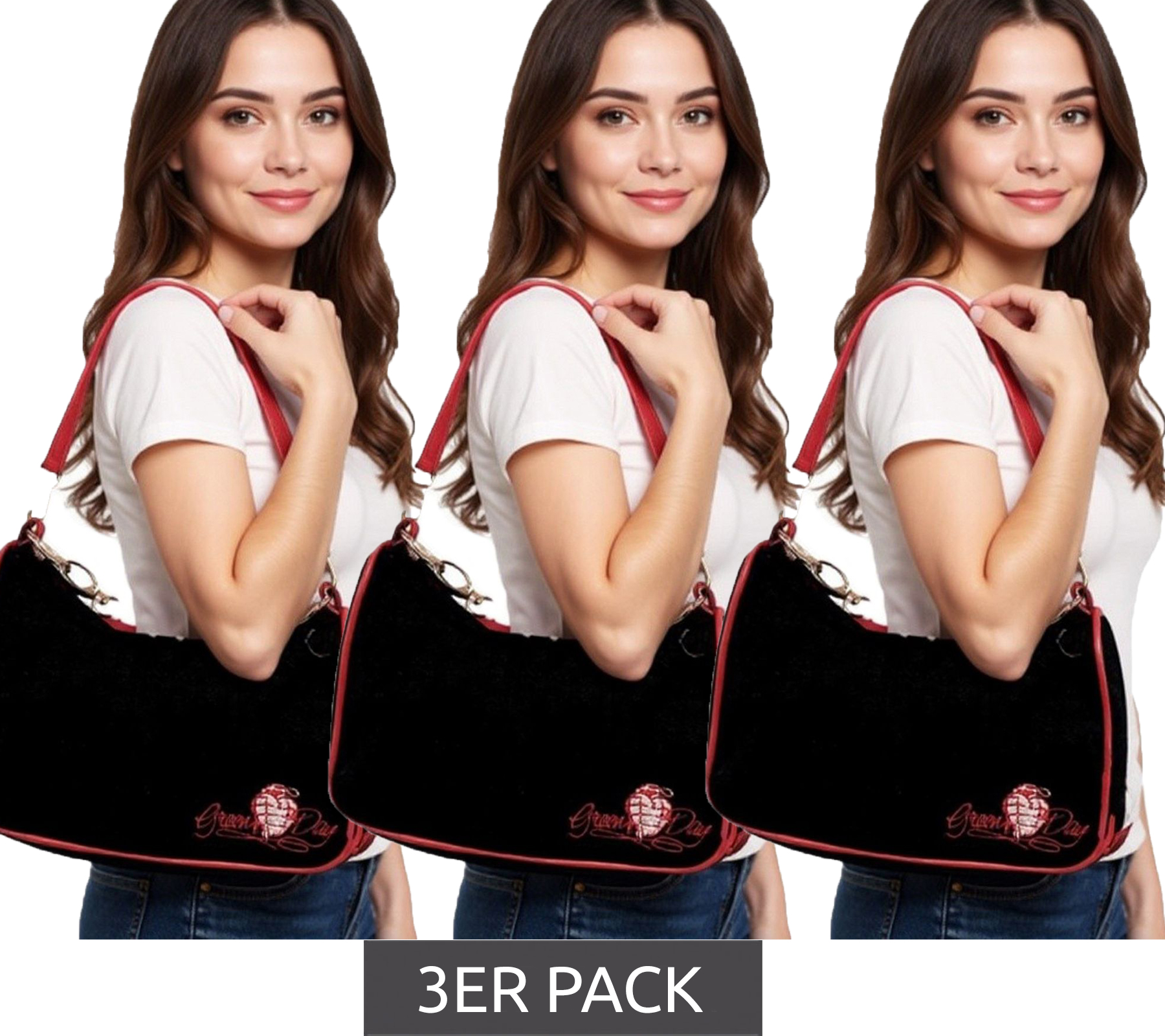 3er Sparpack Green Day Punkrock-Band Damen Schulter-Tasche stylische Strick-Tasche Handtasche LB102733GRN0 Schwarz von BioworldMerch