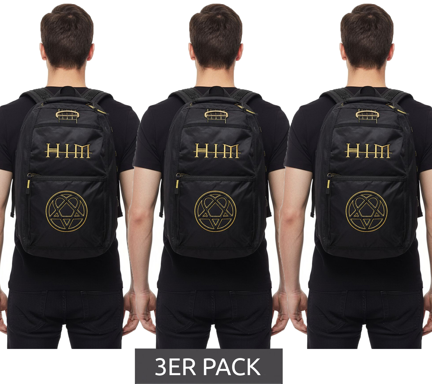 3er Sparpack HIM Rock-Band Rucksack mit großen HIM-Details Tages-Rucksack BP103946HIM Schwarz/Gelb von BioworldMerch