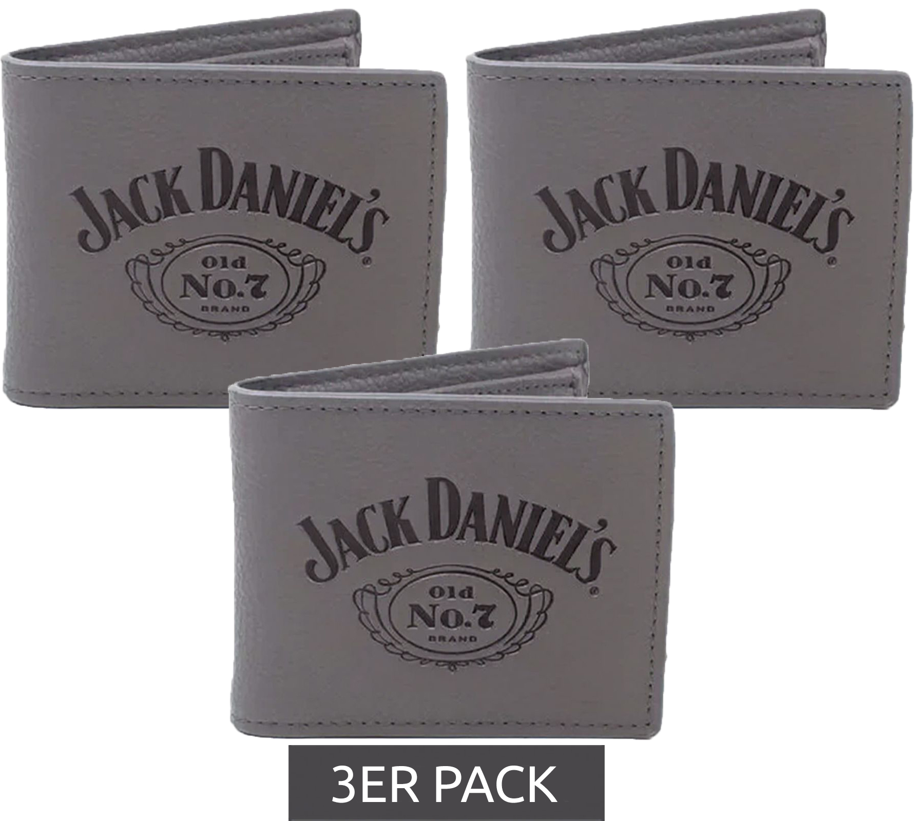 3er Sparpack Jack Daniel's Portmonnaie mit Logo Schriftzug Leder-Geldbeutel Grau/Schwarz von BioworldMerch
