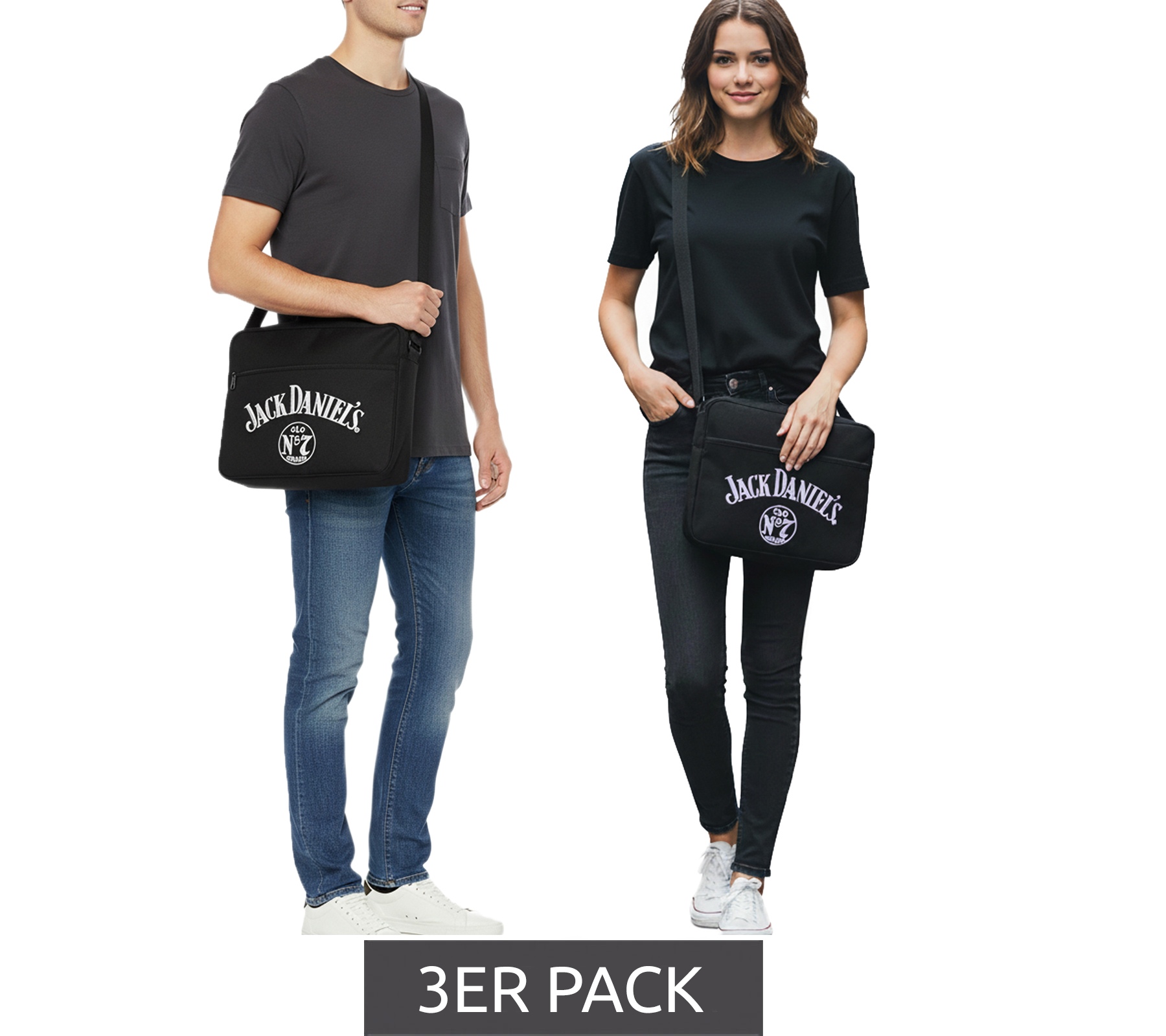 3er Sparpack Jack Daniels Canvas Umhänge-Tasche Messengerbag Laptop-Tasche Fan-Artikel 38 x 28 x 5 cm Schwarz von BioworldMerch