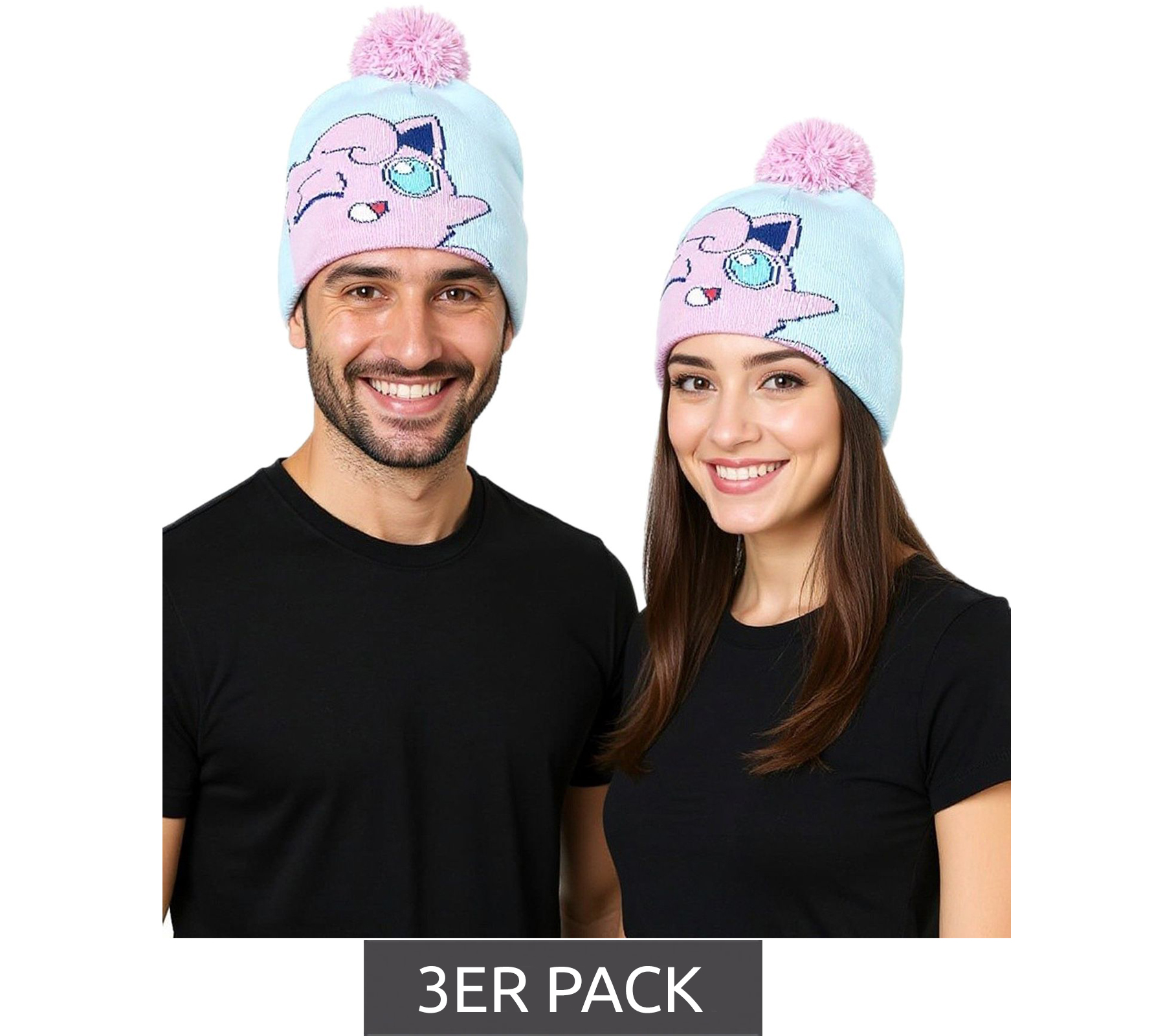 3er Sparpack POKEMON Beanie mit Bommel im Pummeluff Design Gaming-Mütze Strick-Beanie Fan-Artikel KC160211POK Blau/Rosa von BioworldMerch
