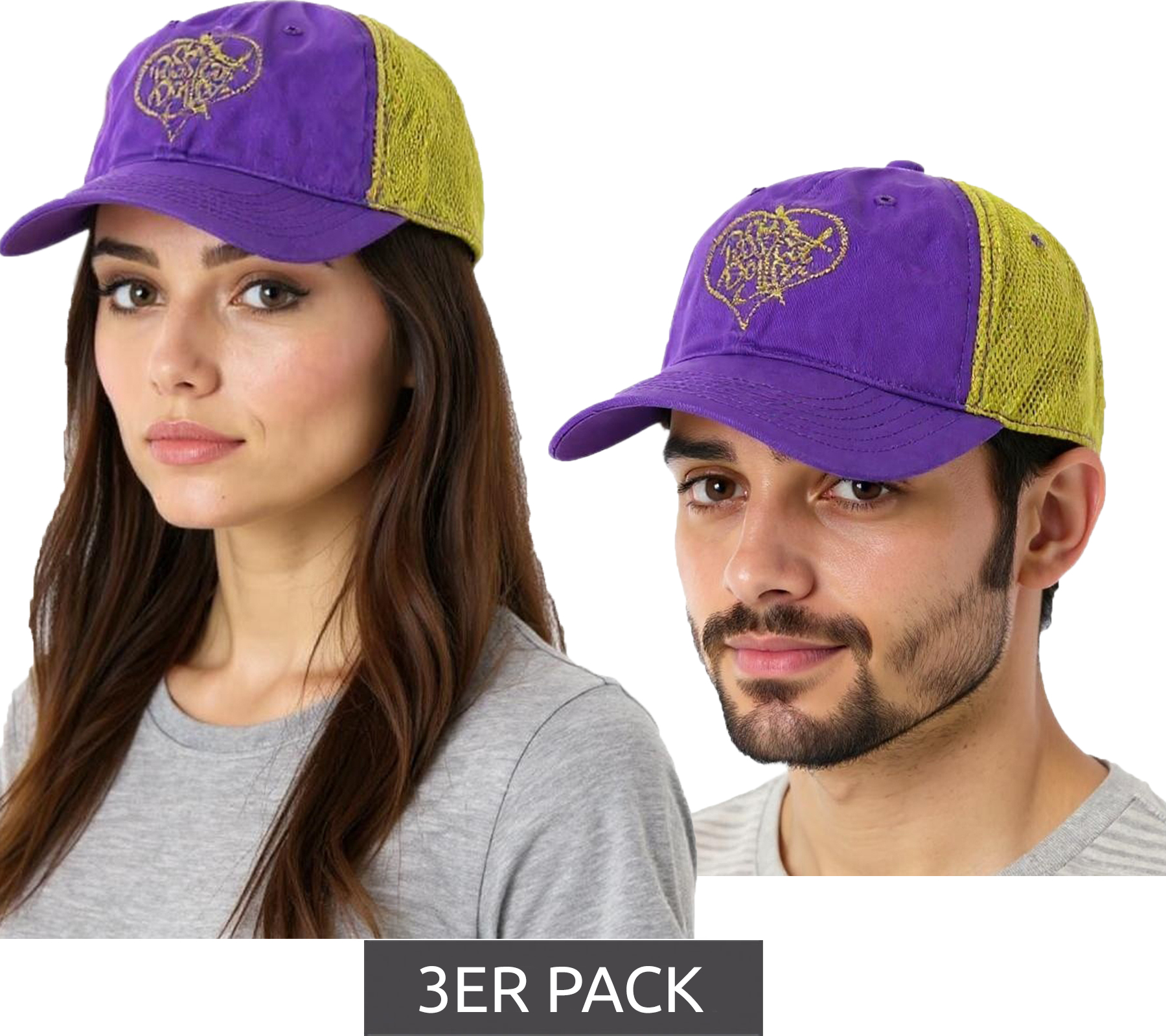 3er Sparpack Pussycat Dolls Unisex Trucker-Cap Baseball-Cap mit atmungsaktiven Mesh-Einsatz Baumwoll-Cap Fan-Mütze TC110470PCD Lila/Gold von BioworldMerch