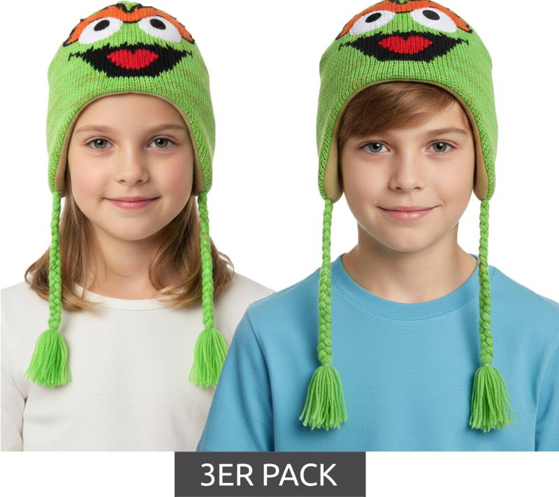 3er Sparpack Sesamstraße Oskar aus der Tonne Mütze Kinder Beanie mit Zöpfen KC148220SES Grün von BioworldMerch