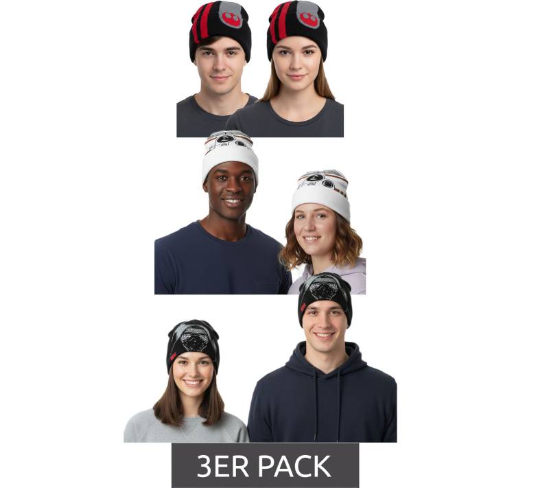 3er Sparpack Star Wars Beanie für Damen oder Herren Strick-Mütze in Einheitsgröße Fan Artikel Winter-Mütze in Schwarz oder Weiß von BioworldMerch