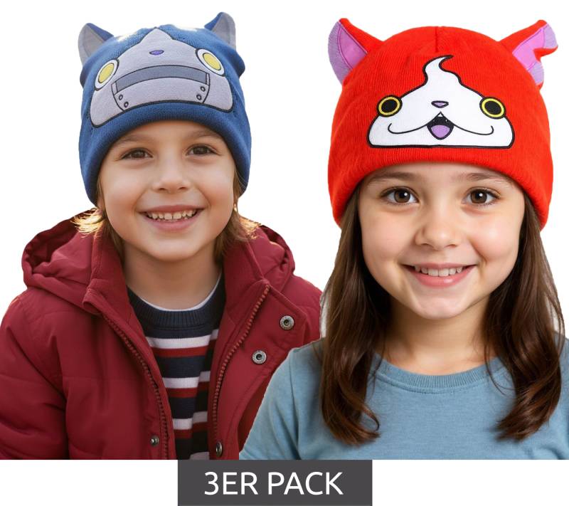 3er Sparpack Yo-kai Watch Jibanyan oder Robonyan Beanie Strick-Mütze Kinder Kopfbedeckung mit Ohren Orange/Pink oder Blau von BioworldMerch