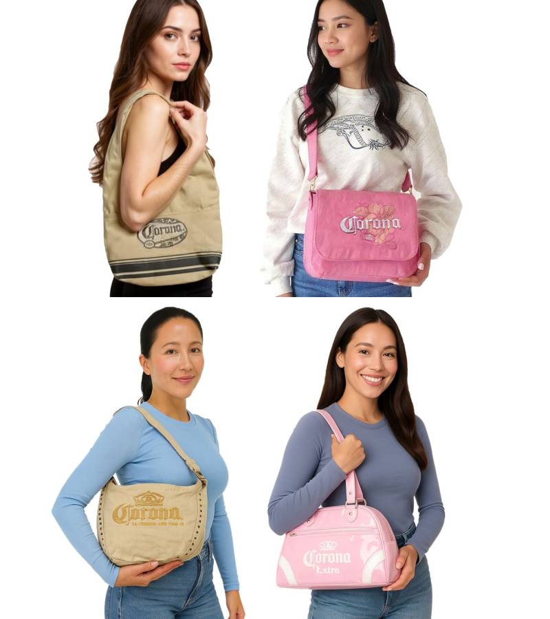 Corona Bier Damen Schulter-Tasche mit Logo-Stickerei Fan-Artikel verschiedene Modelle wie Canvas-Tasche, kleiner Shopper oder Bowling-Bag in Rosa oder Beige/Braun von BioworldMerch