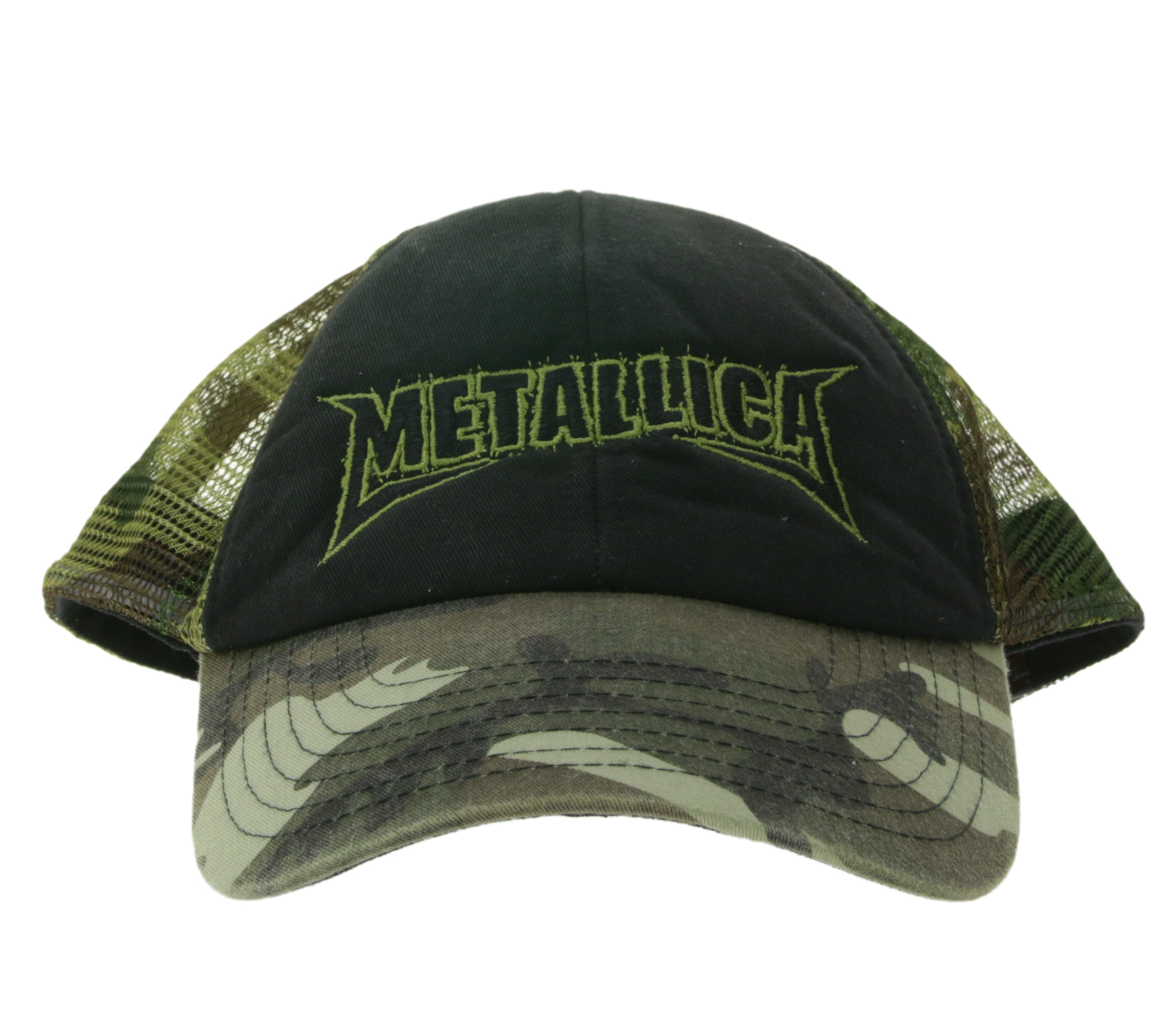 METALLICA Metal-Band Baseball-Cap Baumwoll-Cap mit „Metallica“ Stickerei Trucker-Cap Camouflage TC125115MET Schwarz/Grün METALLICA Metal-Band Baseball-Cap Baumwoll-Cap mit „Metallica“ Stickerei Trucker-Cap Camouflage TC125115MET Schwarz/Grün von BioworldMerch