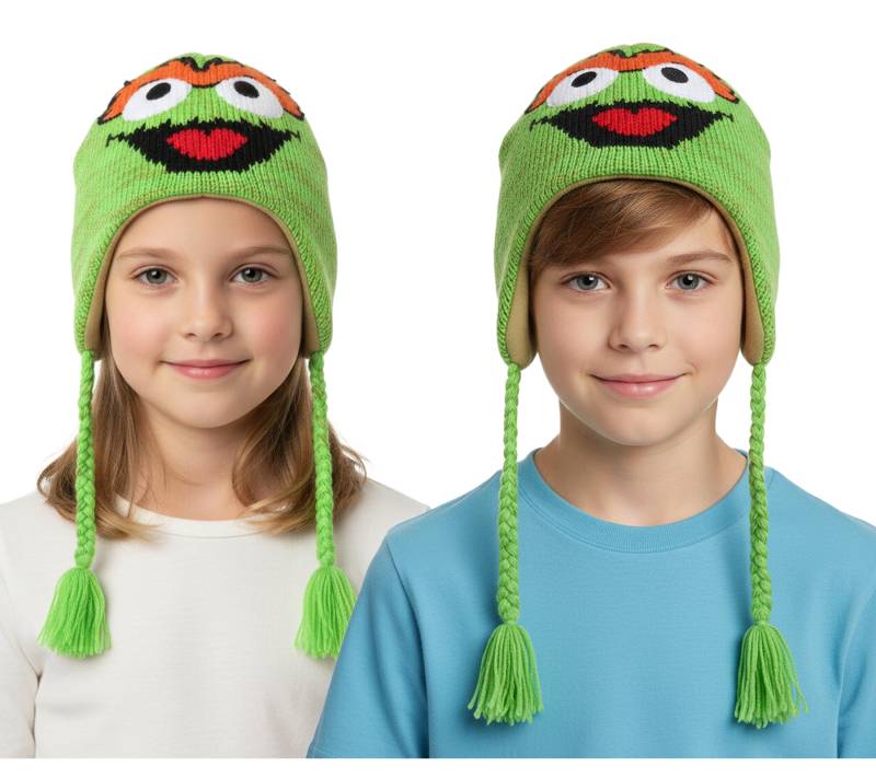 Sesamstraße Oskar aus der Tonne Mütze Kinder Beanie mit Zöpfen KC148220SES Grün von BioworldMerch