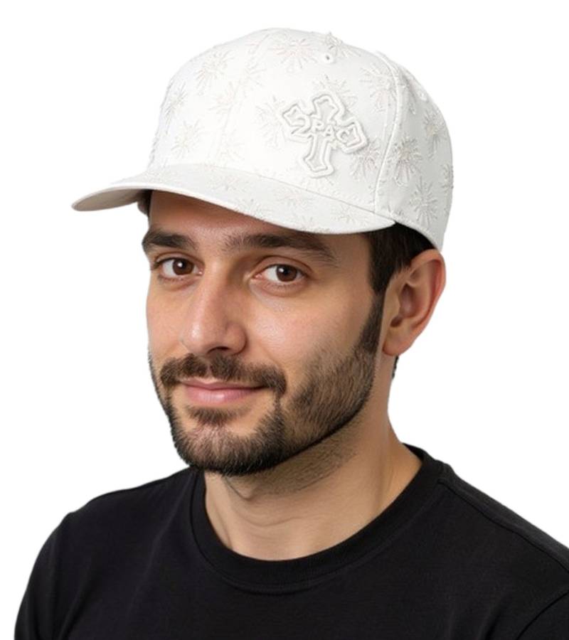 Tupac Damen und Herren Hip Hop Cap mit Kreuz-Stickerei 2PAC Flat-Rim TC108767TUP4 Weiß von BioworldMerch