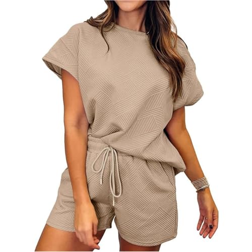 Bipily Damen 2 Teilig Sommer Kurzarm Tracksuit Zweiteiler Hausanzug Loungewear Outfit Casual Pullover Tops und Kordelzug Shorts Trainingsanzug Set von Bipily