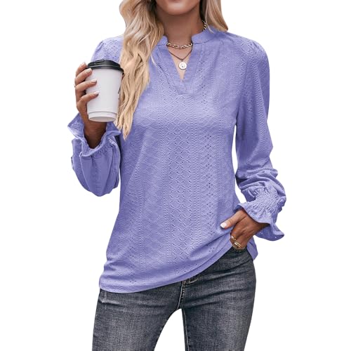 Bipily Damen Bluse Lässig V-Ausschnitt Rüschen Langarmshirt Ösen lose Elegantes Tunika Blusen Hemden(Lila,M) von Bipily