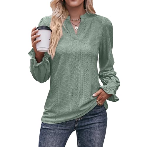 Bipily Damen Bluse Lässig V-Ausschnitt Rüschen Langarmshirt Ösen lose Elegantes Tunika Blusen Hemden(grün,M) von Bipily
