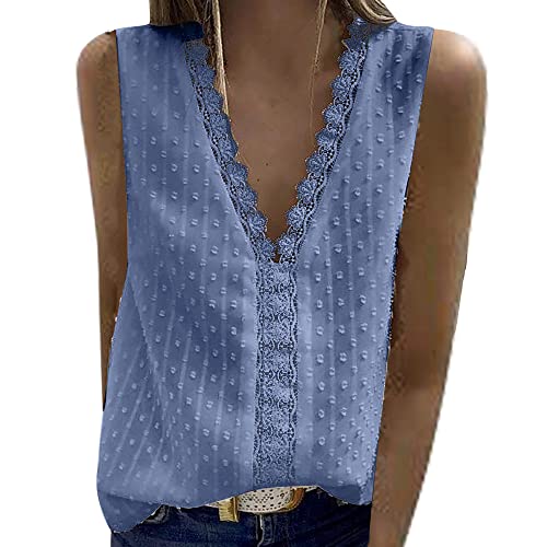 Bipily Damen Bluse V Ausschnitt Sommer Oberteile Spitzen Elegant Tunika Ärmellos Chiffon Hemd Weste Tops(Blau,XL) von Bipily