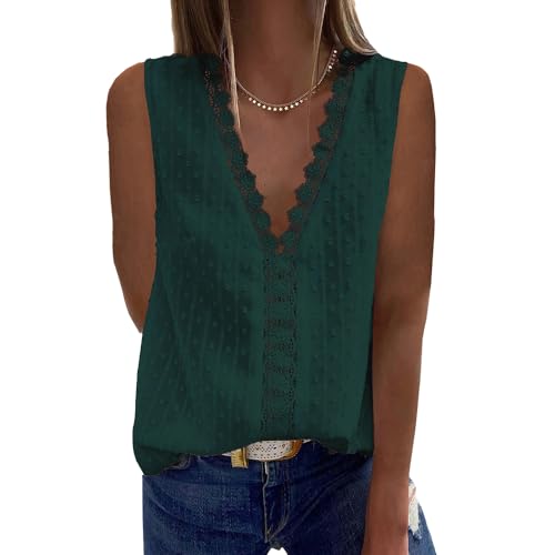 Bipily Damen Bluse V Ausschnitt Sommer Oberteile Spitzen Elegant Tunika Ärmellos Chiffon Hemd Weste Tops(Grün,S) von Bipily