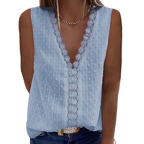 Bipily Damen Bluse V Ausschnitt Sommer Oberteile Spitzen Elegant Tunika Ärmellos Chiffon Hemd Weste Tops(Hellblau,L) von Bipily