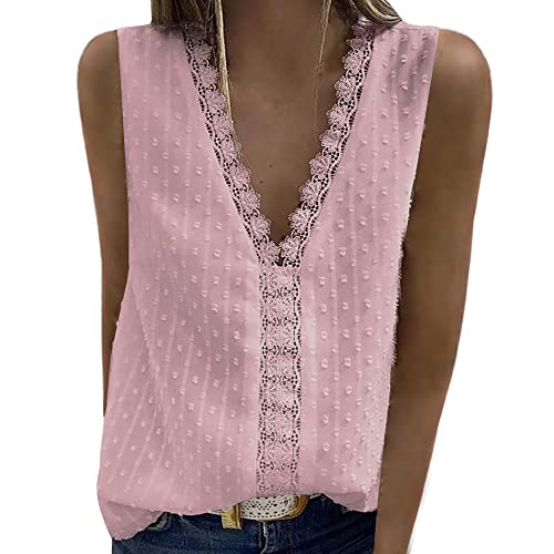 Bipily Damen Bluse V Ausschnitt Sommer Oberteile Spitzen Elegant Tunika Ärmellos Chiffon Hemd Weste Tops(Rosa,S) von Bipily