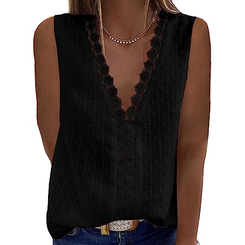 Bipily Damen Bluse V Ausschnitt Sommer Oberteile Spitzen Elegant Tunika Ärmellos Chiffon Hemd Weste Tops(Schwarz,L) von Bipily