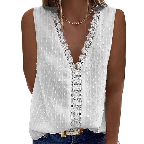 Bipily Damen Bluse V Ausschnitt Sommer Oberteile Spitzen Elegant Tunika Ärmellos Chiffon Hemd Weste Tops(Weiß,XL) von Bipily