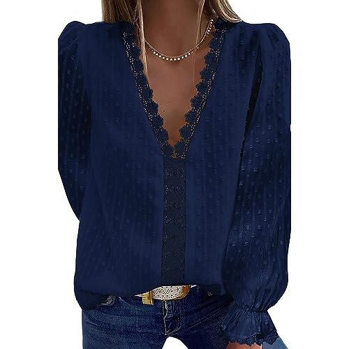 Bipily Damen Bluse V Ausschnitt Sommer Oberteile Spitzen Elegant Tunika Lange Ärmel Chiffon Hemd Tops(Navy blau,M) von Bipily