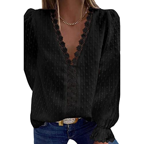 Bipily Damen Bluse V Ausschnitt Sommer Oberteile Spitzen Elegant Tunika Lange Ärmel Chiffon Hemd Tops(Schwarz,S) von Bipily