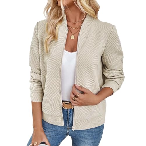 Bipily Damen Jacke Lässig Reißverschluss Langärmelig Leicht Herbst Modisch Lockere Jacke Kurze Oberbekleidung Pilotenjacke Dünne ÜBergangsjacke Wanderjacke Outdoorjacke-Beige-XL von Bipily