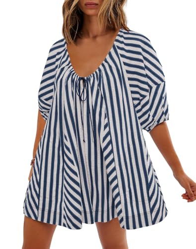 Bipily Damen Jumpsuit Sommer V Ausschnitt LäSsiger Gestreifter Puff-Ausschnitt mit Mit Weitem Bein Kordelzug Und Taschen Lose Romper (marineblau,S) von Bipily
