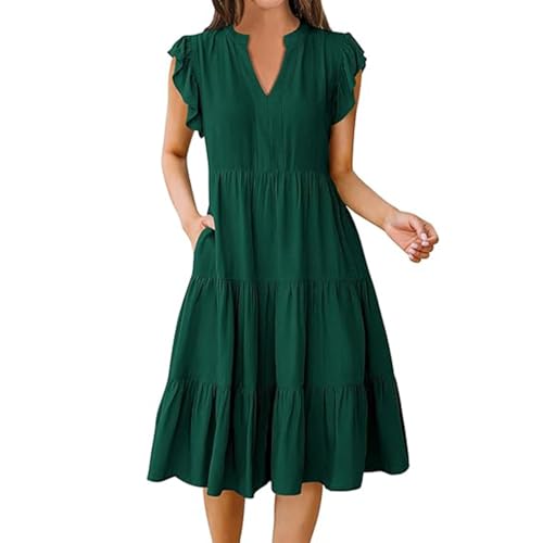 Bipily Damen Kleider Freizeit Sommerkleid V-Ausschnitt Rüschen Knielanges Kleid Lose Kurzarm Strandkleid Freizeitkleider mit Tasche (Grün,XXL) von Bipily
