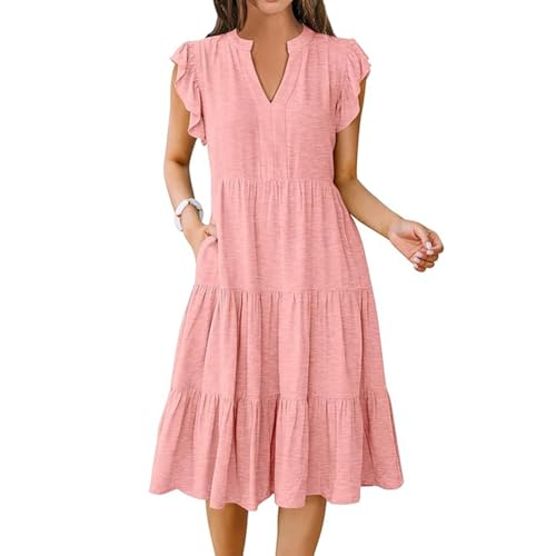 Bipily Damen Kleider Freizeit Sommerkleid V-Ausschnitt Rüschen Knielanges Kleid Lose Kurzarm Strandkleid Freizeitkleider mit Tasche (Rosa,XXL) von Bipily