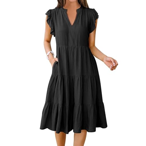 Bipily Damen Kleider Freizeit Sommerkleid V-Ausschnitt Rüschen Knielanges Kleid Lose Kurzarm Strandkleid Freizeitkleider mit Tasche (Schwarz,L) von Bipily