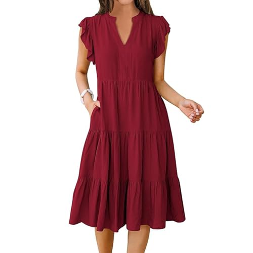 Bipily Damen Kleider Freizeit Sommerkleid V-Ausschnitt Rüschen Knielanges Kleid Lose Kurzarm Strandkleid Freizeitkleider mit Tasche (Weinrot,XL) von Bipily