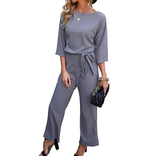 Bipily Damen Langarm Lang Jumpsuit Elegant Overall Jumpsuits O-Ausschnitt Playsuit Romper Hosenanzug mit Gürtel von Bipily