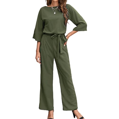 Bipily Damen Langarm Lang Jumpsuit Elegant Overall Jumpsuits O-Ausschnitt Playsuit Romper Hosenanzug mit Gürtel von Bipily