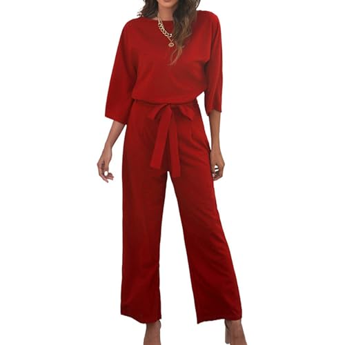 Bipily Damen Langarm Lang Jumpsuit Elegant Overall Jumpsuits O-Ausschnitt Playsuit Romper Hosenanzug mit Gürtel von Bipily