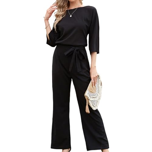 Bipily Damen Langarm Lang Jumpsuit Elegant Overall Jumpsuits O-Ausschnitt Playsuit Romper Hosenanzug mit Gürtel von Bipily